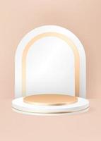 Pastel beige 3d background product display podium scene with golden geometric platform. Stand to show cosmetic product. Realistic stage showcase on pedestal display on cream backdrop. Premium studio vector