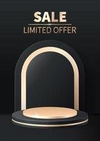 Black 3d background product display podium scene with golden geometric platform. Stand to show cosmetic product. Realistic stage showcase on pedestal display backdrop. Premium studio, sale banner vector