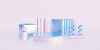 Pastel pink and blue podium with abstract art objects. Stand to show products. Stage showcase with modern cute scene for presentation. Pedestal display. 3D rendering. Studio platform template. photo