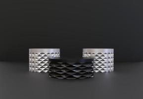 Set of black and silver podiums.  Stand to show products. Stage showcase with luxury style for presentation. Pedestal display. 3D rendering. Studio platform template. photo