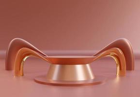 Glow podium with abstract art objects. Stand to show products. Stage showcase with modern scene for presentation. Brown pedestal display. 3D rendering. Studio platform template. photo