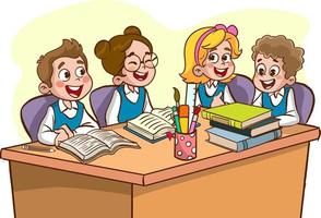 A group of children sitting at the table in the classroom and reading together. Or shelves in the background. Vector illustration of student study group.cartoon.