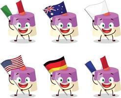 pastel dibujos animados personaje traer el banderas de varios países vector