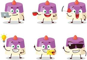 Cake cartoon character with various types of business emoticons vector