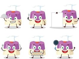 Cartoon character of cake with various chef emoticons vector