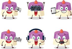 Cake cartoon character are playing games with various cute emoticons vector