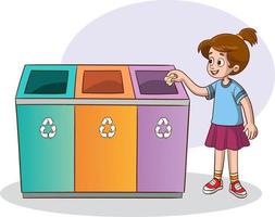 vector ilustración de niña lanzamiento basura en reciclar compartimiento