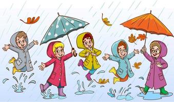 Smiling Little Kids Jumping in a Puddle in Rainy Day Vector Illustration