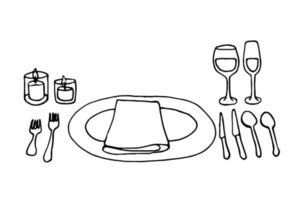 table setting for one person in isometry - forks, spoons, knives, plates, glasses with drinks, candles, napkin on a plate - hand drawn doodle. a place for a guest at the table vector sketch
