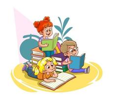 Happy kids read book and study together vector