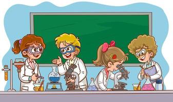 Cartoon students doing research with chemical fluid in the laboratory. Chemistry Classroom. vector