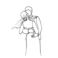 bride in a wedding dress with a veil flying from the wind on her head stands with her back to the viewer, she kisses the groom who hugs her tightly - hand drawn doodle. bride and groom kiss vector