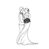 bride with a veil on her head and a wedding dress flying from the wind holds a bouquet and a groom in a suit - hand drawn doodle. bride and groom are facing each other vector sketch