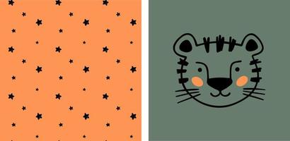 Hand drawn tiger with stars for designing baby clothes. Vector illustration in doodle style on green and orange background. Postcard with tiger and seamless pattern. Cartoon Bohemian nursery print.