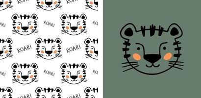 Hand drawn tiger with lettering Roar for designing baby clothes. Vector illustration in doodle style on green background. Postcard with tiger and seamless pattern. Cartoon Bohemian nursery print.