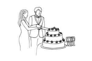 novia y novio son participación un grande cuchillo juntos a cortar el Boda pastel en garabatear estilo. mano dibujado vector ilustración Boda pastel corte por recién casados