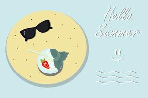 Summer colorful design with cocktail and sun glasses and Hello summer lettering. Summertime design vector