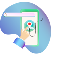 3D blue suit sleeveless hand tapping on GPS app pad with search box On a blue floating bubble background, transparent back PNG