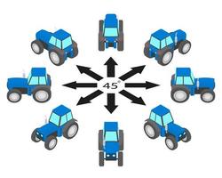 Rotation of blue tractor by 45 degrees. vector