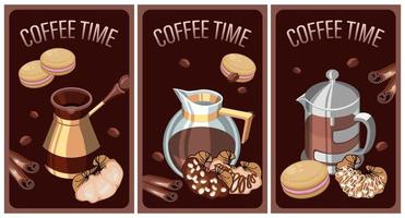 Coffee time poster set, coffee in coffee pots, cinnamon sticks, french macaroons and croissants. Menu posters, menu banners, cafe menu, restaurant menu, vector