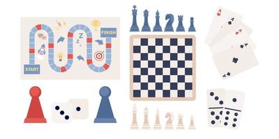 Board games icon set. Chess, domino, game cards and dice. Leisure time activity, entertainment. Vector flat illustration