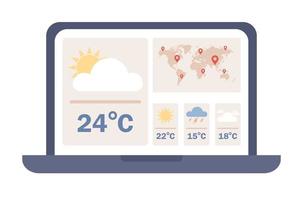 Weather forecast icon. Laptop with weather web site. Daily temperature. Cloudy, rainy and sunny day concept. Vector flat illustration