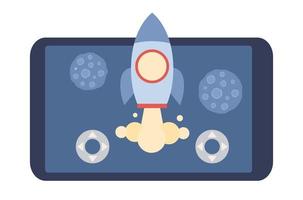 Smartphone app with play in rocket game. Mobile gaming concept. Vector flat illustration