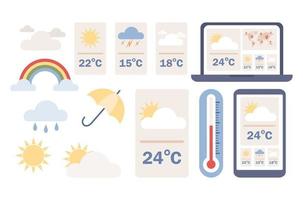 Weather forecast icon set. Web and mobile weather app. Daily temperature. Cloudy, rainy and sunny day concept. Symbols of sun, clouds, rainbow, rain. Vector flat illustration