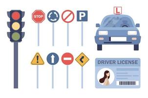 Driving school icon set. Driving lessons and training, driver's license, identity card, road signs, traffic light, car. Vector flat illustration