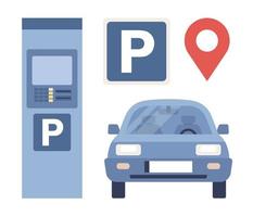 Parking icons set. Parking sign, car and parking meter with authorized ticket machine. Vector flat illustration