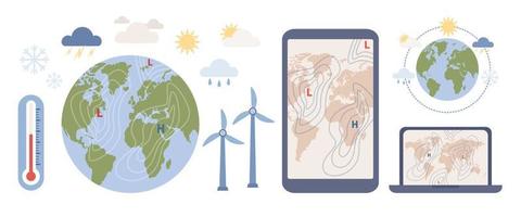 Meteorology science set icon. World Meteorological day. Weather and climate condition. Vector flat illustration