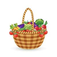 Wicker basket with vegetables. Harvest and farming. Healthy food illustration. Vector