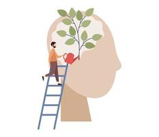 Mind growth icon. Metaphor for growth of personality as plant. Self-improvement, self-development. Man watering brain plant with watering can. Vector flat illustration