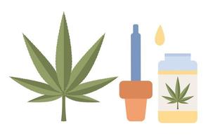 Cannabis oil icon. Marijuana plant and dropper with CBD oil. Cannabis extract. Medical marijuana. Vector flat illustration