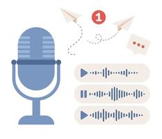 Voice message icon. Recording voice, personal assistant, podcast concept. Sound wave, microphone and notification sign. Vector flat illustration