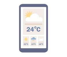 Weather forecast icon. Smartphone with weather app. Daily temperature. Cloudy, rainy and sunny day concept. Vector flat illustration