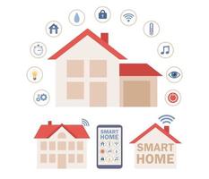 Smart home set icon. Automation centralized control of house online via smartphone app. Intelligent systems and technologies. Vector flat illustration