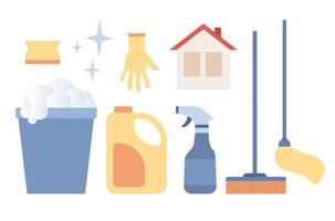 Cleaning service icon set. Various cleaning tools. Professional hygiene service for house. Bucket, mop, sponge, detergent. Vector flat illustration