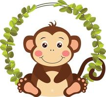 Funny monkey in the frame of green leaves vector