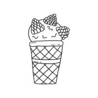 Ice cream in a glass with raspberries. Vector doodle