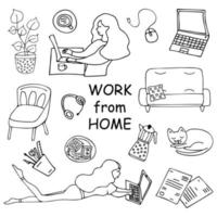 Work from home. Set of doodles black and white 3 vector