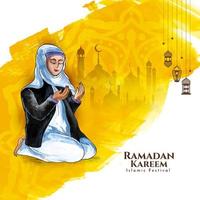 Ramadan Kareem festival card with muslim female offering namaz to allah vector