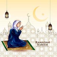 Cultural Ramadan Kareem festival card with muslim female offering namaz in hijab vector