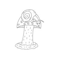 Snail sits on top of mushroom in forest. Vector