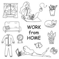 Work from home. Set of doodles black and white vector