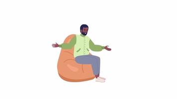 Animated talking man on bean bag. Guy supporting conversation. Casual chat. Flat character animation on white background with alpha channel transparency. Color cartoon style 4K video footage