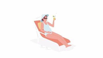 Animated carefree pregnant woman. Expecting lady with mocktail lying on deckchair. Flat character animation on white background with alpha channel transparency. Color cartoon style 4K video footage