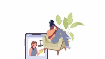 Animated enjoying podcast listening. Watching female streamer on mobile phone. 2D cartoon flat character 4K video footage on white with alpha channel transparency. Concept animation for web design