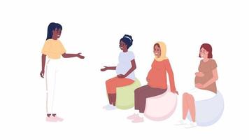 Animated pre pregnancy exercises. Fitness instructor with pregnant women. Flat characters animation on white background with alpha channel transparency. Color cartoon style 4K video footage