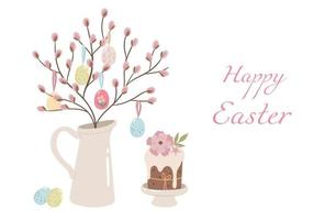 Banner with Easter eggs, Easter cake and willow in a jug. Vector graphics.